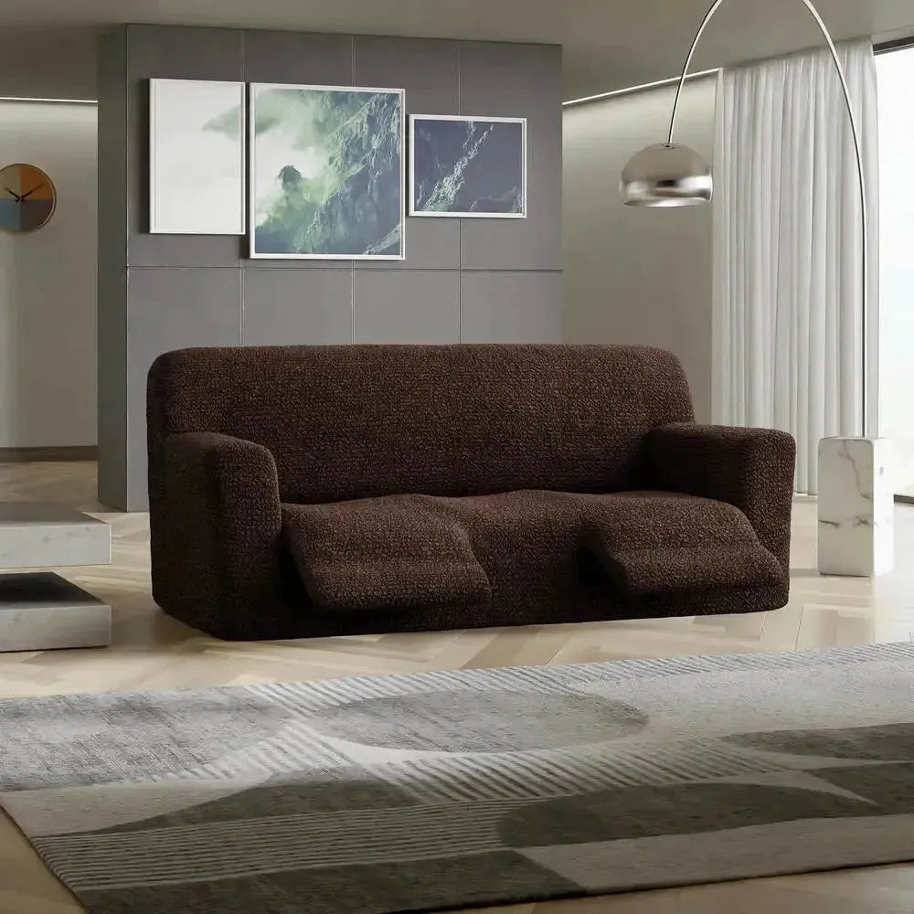 "Microfiber 3-seater recliner slipcover in light grey, versatile fit; transforms decor with protective, stylish cover."