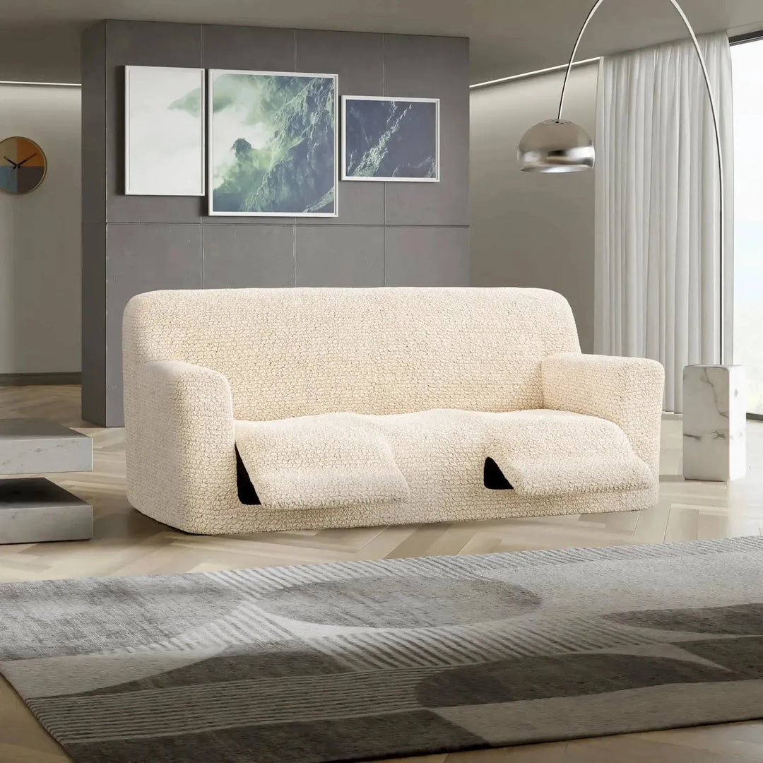 "Microfiber 3-seater recliner slipcover in light grey, versatile fit; transforms decor with protective, stylish cover."