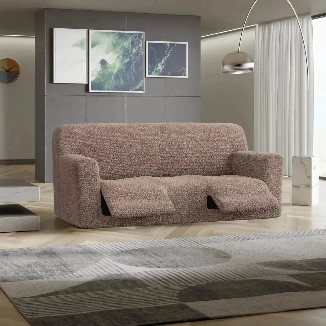 "Microfiber 3-seater recliner slipcover in light grey, versatile fit; transforms decor with protective, stylish cover."