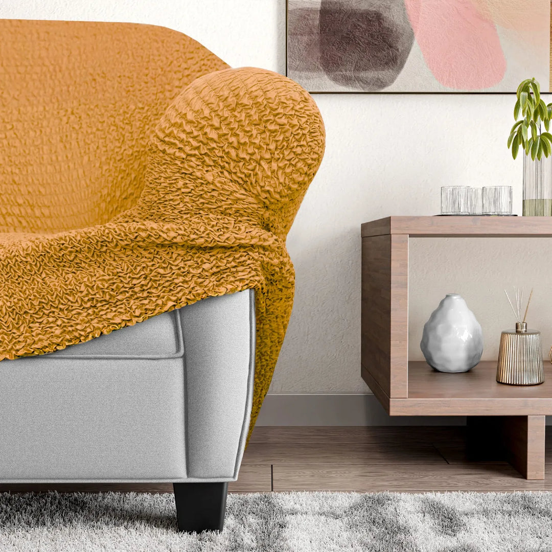 "Microfiber 3-seater recliner slipcover in light grey, versatile fit; transforms decor with protective, stylish cover."