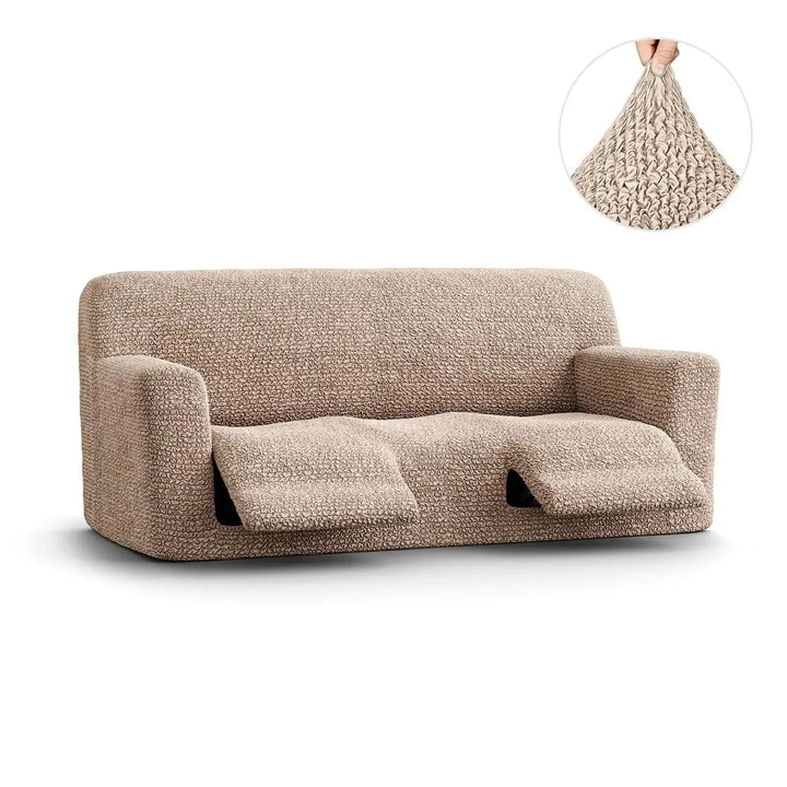 "Microfiber 3-seater recliner slipcover in light grey, versatile fit; transforms decor with protective, stylish cover."