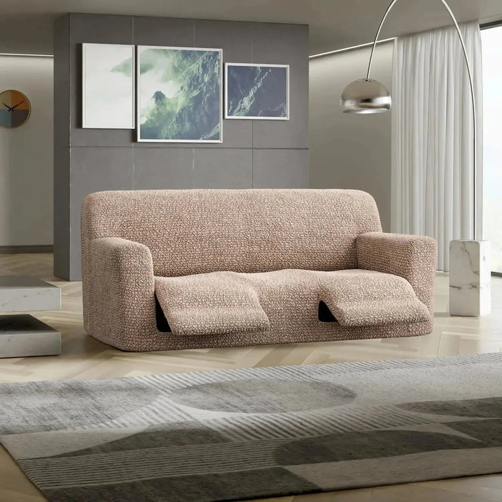 "Microfiber 3-seater recliner slipcover in light grey, versatile fit; transforms decor with protective, stylish cover."