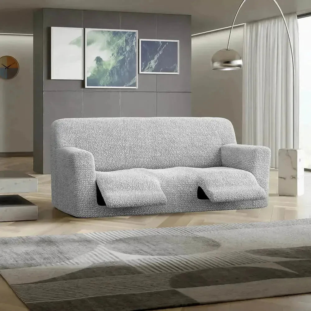 "Microfiber 3-seater recliner slipcover in light grey, versatile fit; transforms decor with protective, stylish cover."