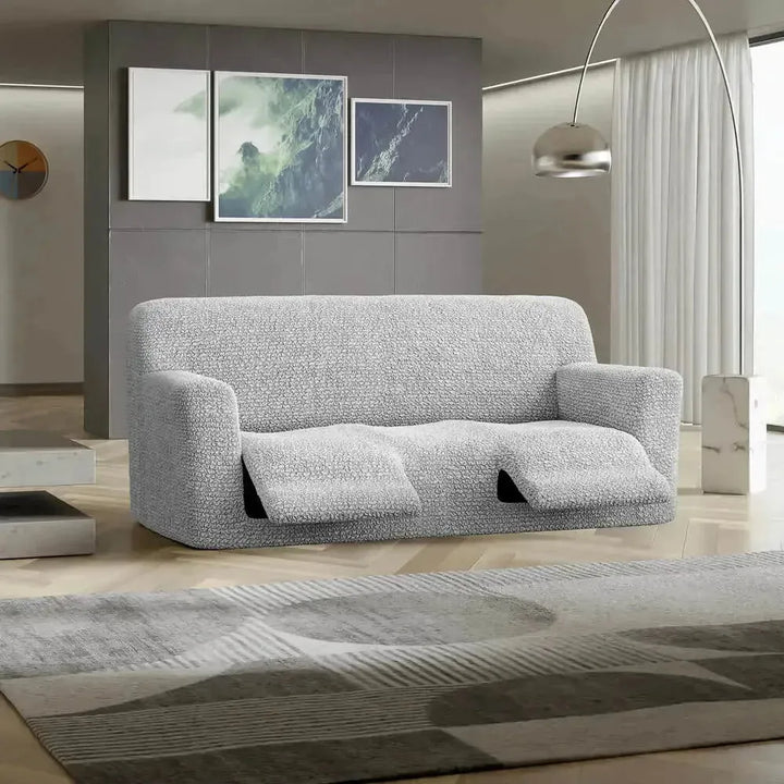 "Microfiber 3-seater recliner slipcover in light grey, versatile fit; transforms decor with protective, stylish cover."
