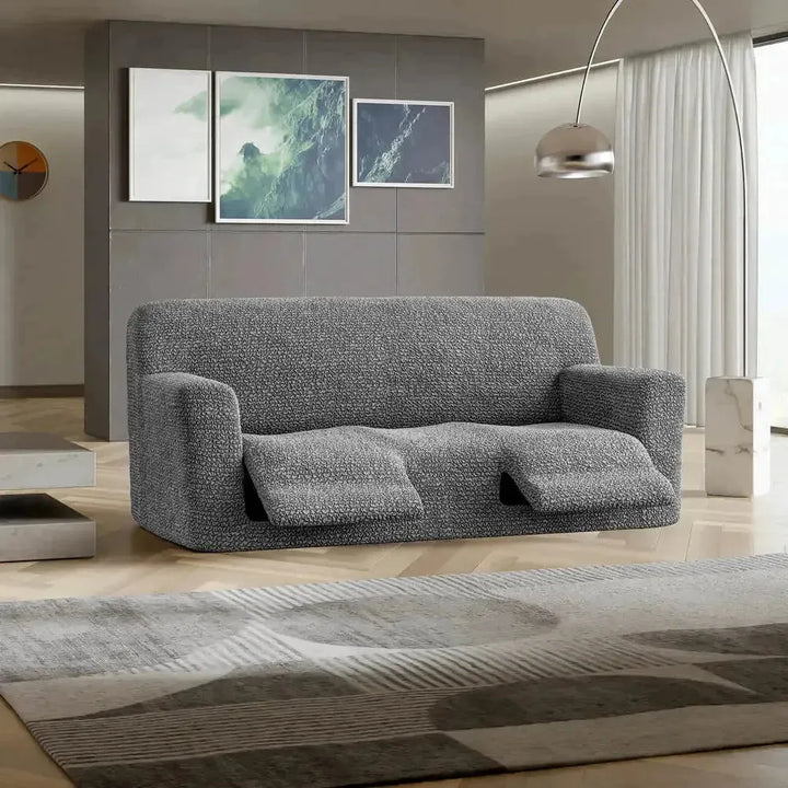 "Microfiber 3-seater recliner slipcover in light grey, versatile fit; transforms decor with protective, stylish cover."