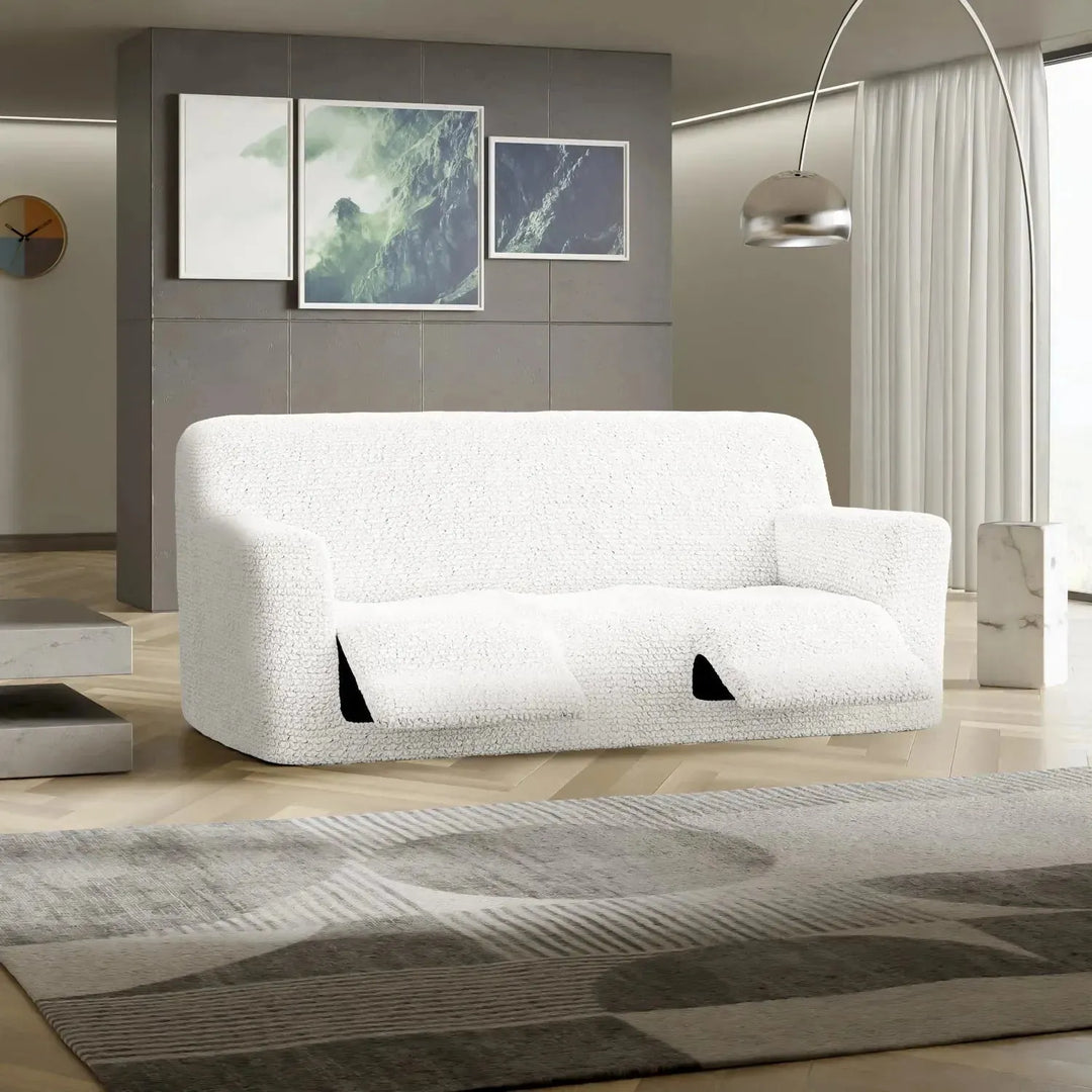 "Microfiber 3-seater recliner slipcover in light grey, versatile fit; transforms decor with protective, stylish cover."