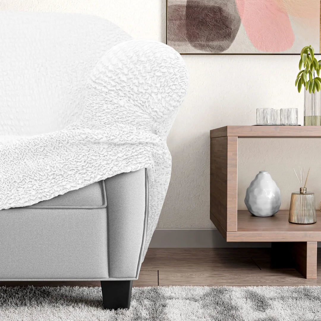 "Microfiber 3-seater recliner slipcover in light grey, versatile fit; transforms decor with protective, stylish cover."