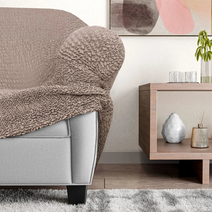 "Microfiber 3-seater recliner slipcover in light grey, versatile fit; transforms decor with protective, stylish cover."