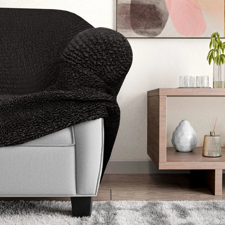 "Microfiber 3-seater recliner slipcover in light grey, versatile fit; transforms decor with protective, stylish cover."