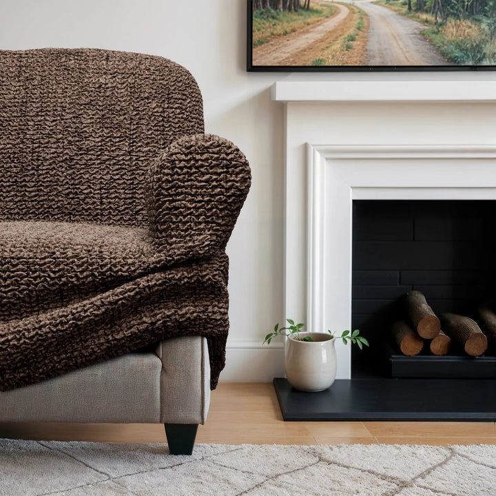 "Microfiber 3-seater sofa slipcover in various colors, showcasing a snug fit and elegant texture for enhanced decor."