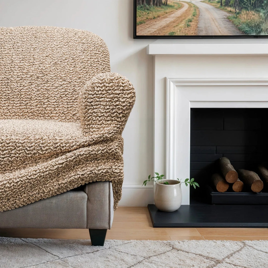 "Microfiber 3-seater sofa slipcover in various colors, showcasing a snug fit and elegant texture for enhanced decor."