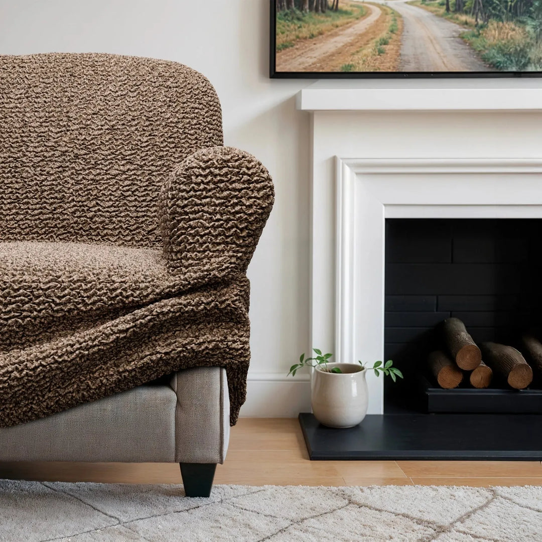 "Microfiber 3-seater sofa slipcover in various colors, showcasing a snug fit and elegant texture for enhanced decor."