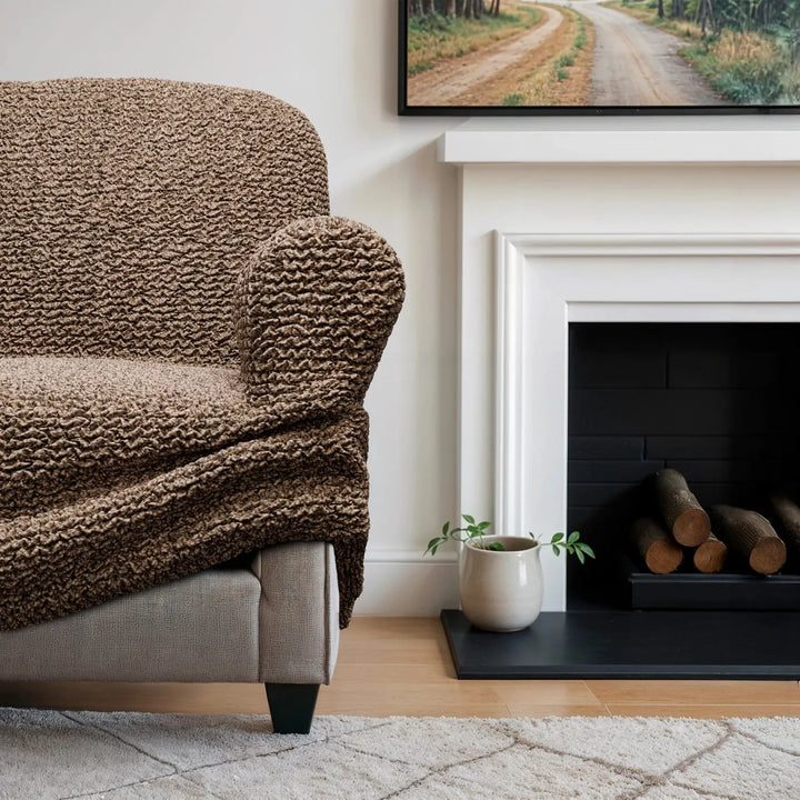 "Microfiber 3-seater sofa slipcover in various colors, showcasing a snug fit and elegant texture for enhanced decor."