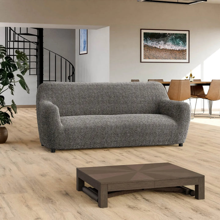 "Microfiber 3-seater sofa slipcover in various colors, showcasing a snug fit and elegant texture for enhanced decor."