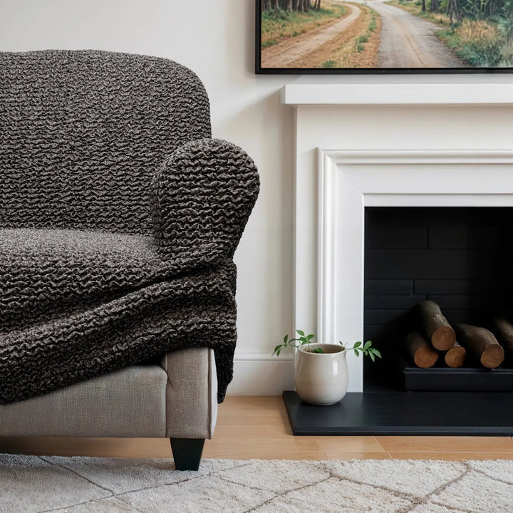 "Microfiber 3-seater sofa slipcover in various colors, showcasing a snug fit and elegant texture for enhanced decor."