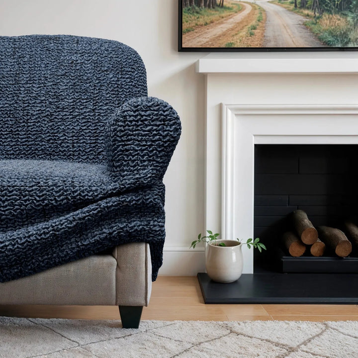 "Microfiber 3-seater sofa slipcover in various colors, showcasing a snug fit and elegant texture for enhanced decor."