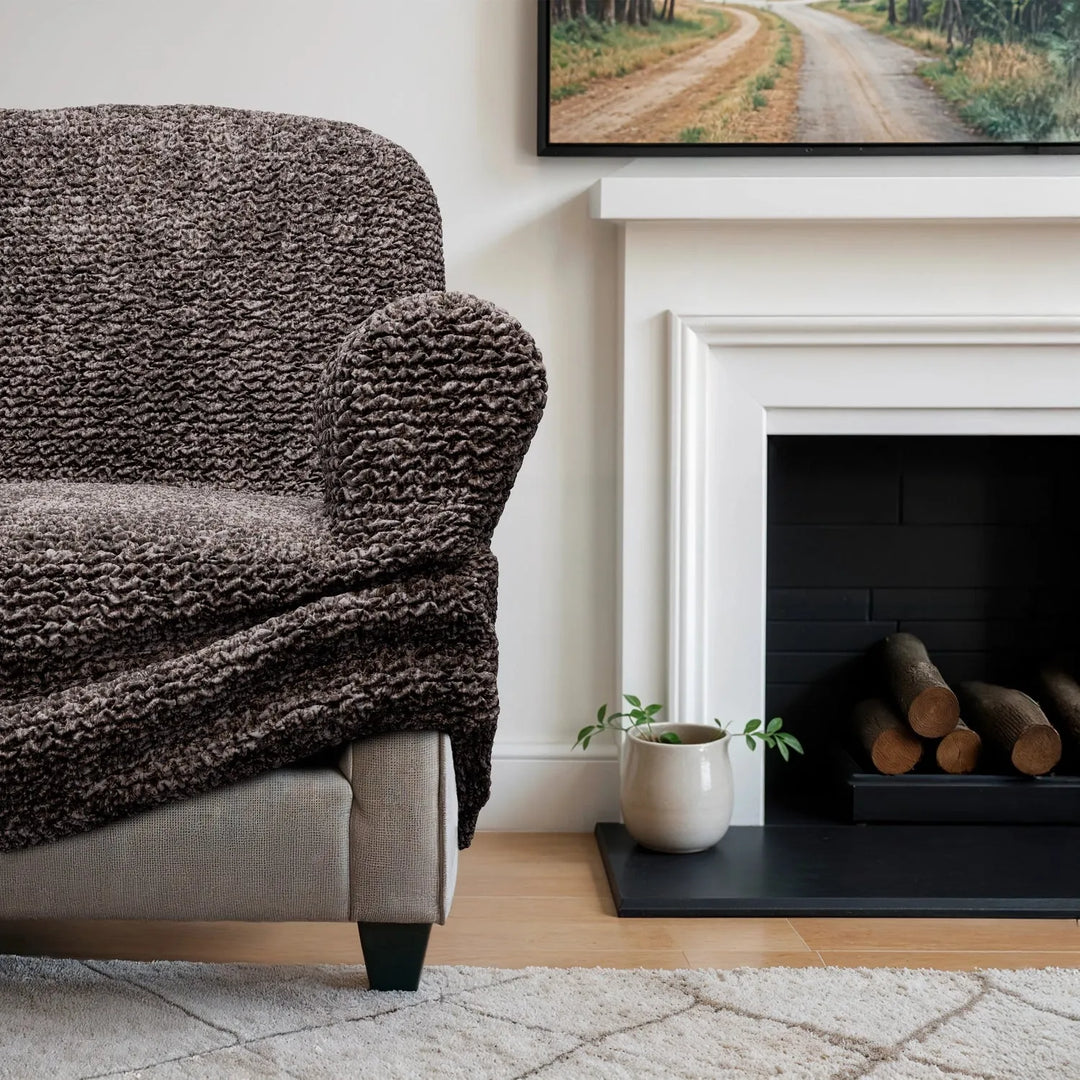 "Microfiber 3-seater sofa slipcover in various colors, showcasing a snug fit and elegant texture for enhanced decor."