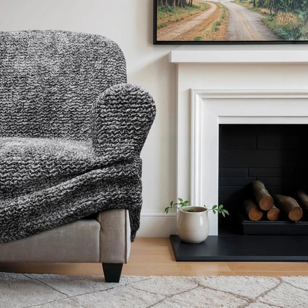 "Microfiber 3-seater sofa slipcover in various colors, showcasing a snug fit and elegant texture for enhanced decor."