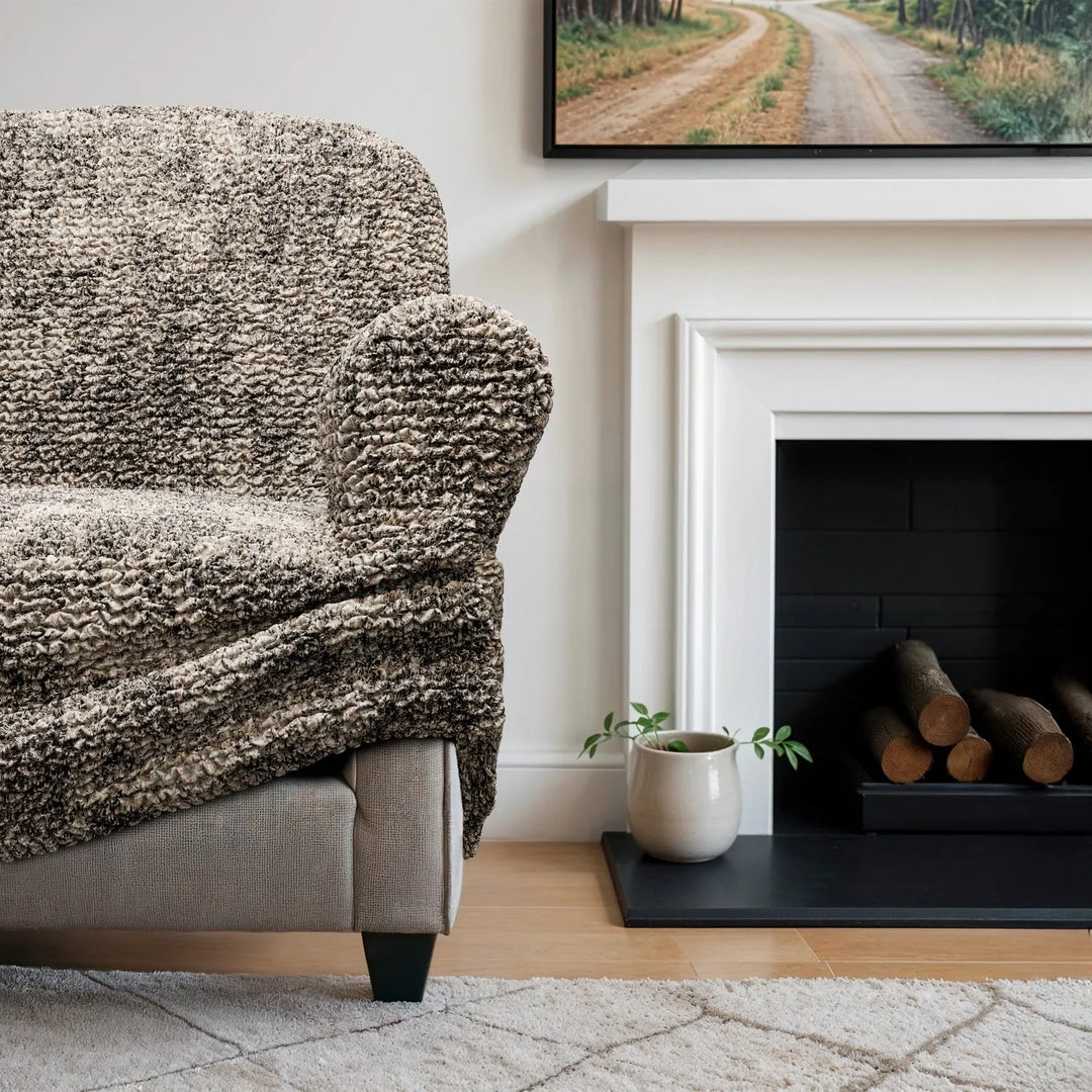 "Microfiber 3-seater sofa slipcover in various colors, showcasing a snug fit and elegant texture for enhanced decor."
