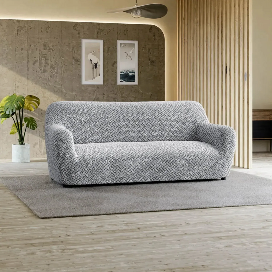 "Microfiber 3-seater sofa slipcover in various colors, showcasing a snug fit and elegant texture for enhanced decor."