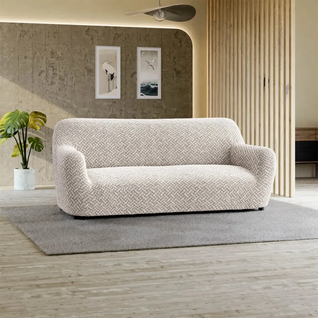 "Microfiber 3-seater sofa slipcover in various colors, showcasing a snug fit and elegant texture for enhanced decor."