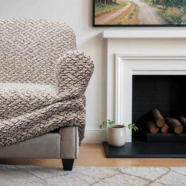 "Microfiber 3-seater sofa slipcover in various colors, showcasing a snug fit and elegant texture for enhanced decor."