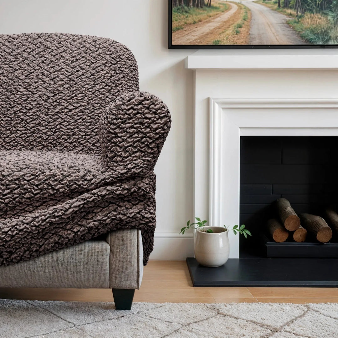 "Microfiber 3-seater sofa slipcover in various colors, showcasing a snug fit and elegant texture for enhanced decor."