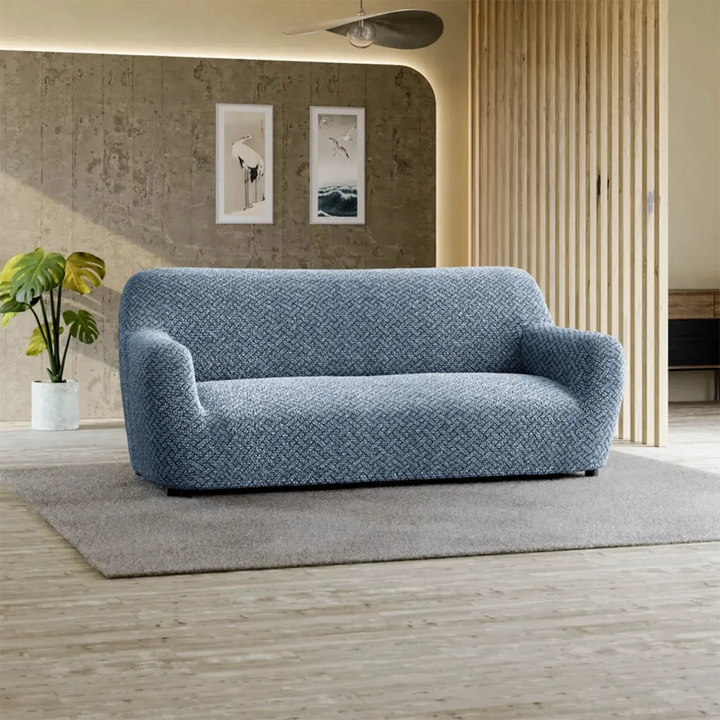 "Microfiber 3-seater sofa slipcover in various colors, showcasing a snug fit and elegant texture for enhanced decor."