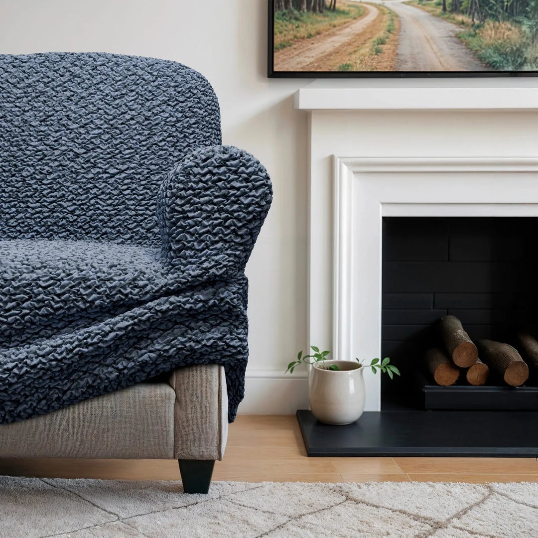 "Microfiber 3-seater sofa slipcover in various colors, showcasing a snug fit and elegant texture for enhanced decor."