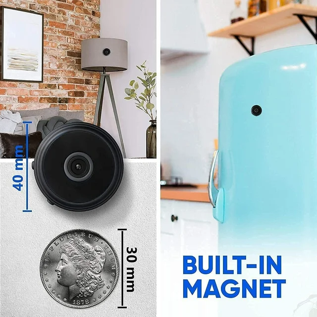 Portable mini wireless camera offering HD surveillance, night vision, and motion detection for indoor security.