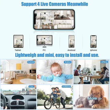 Compact HD wireless security camera for home monitoring, featuring clear night vision & real-time live feed.