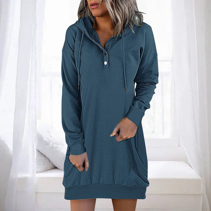 Fashionable Valeria women's minimalist long hoodie, perfect casual wear for ultimate comfort.