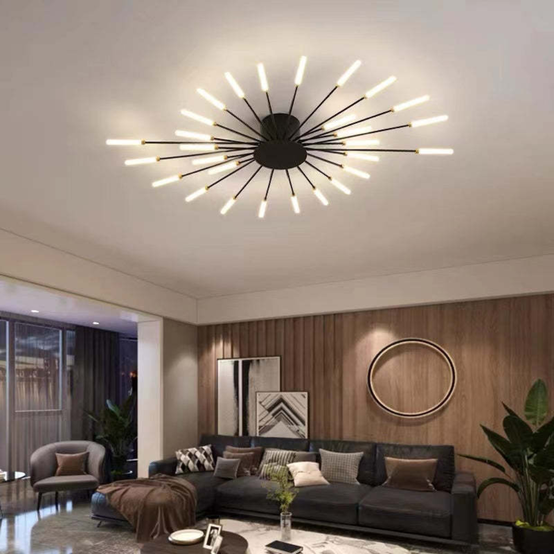 Gold modern large LED ceiling light, bright & energy-efficient.