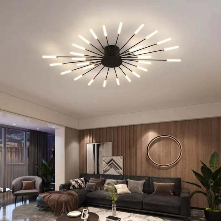 Gold modern large LED ceiling light, bright & energy-efficient.