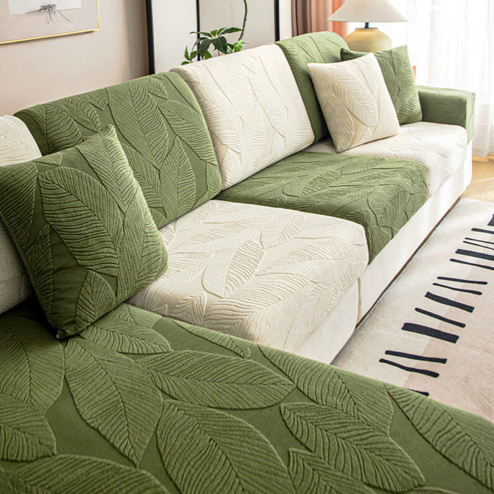 New modern leaf jacquard waterproof sofa cover. Stretchable anti-scratch furniture protector, easy to clean.