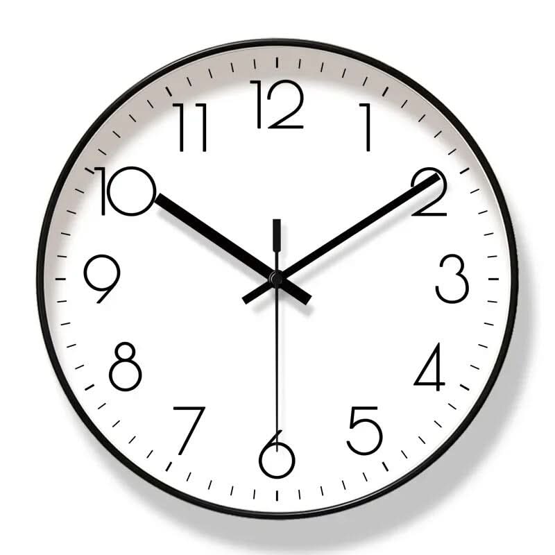 White modern Nordic wall clock on a neutral wall, silent decorative piece for office or kitchen.