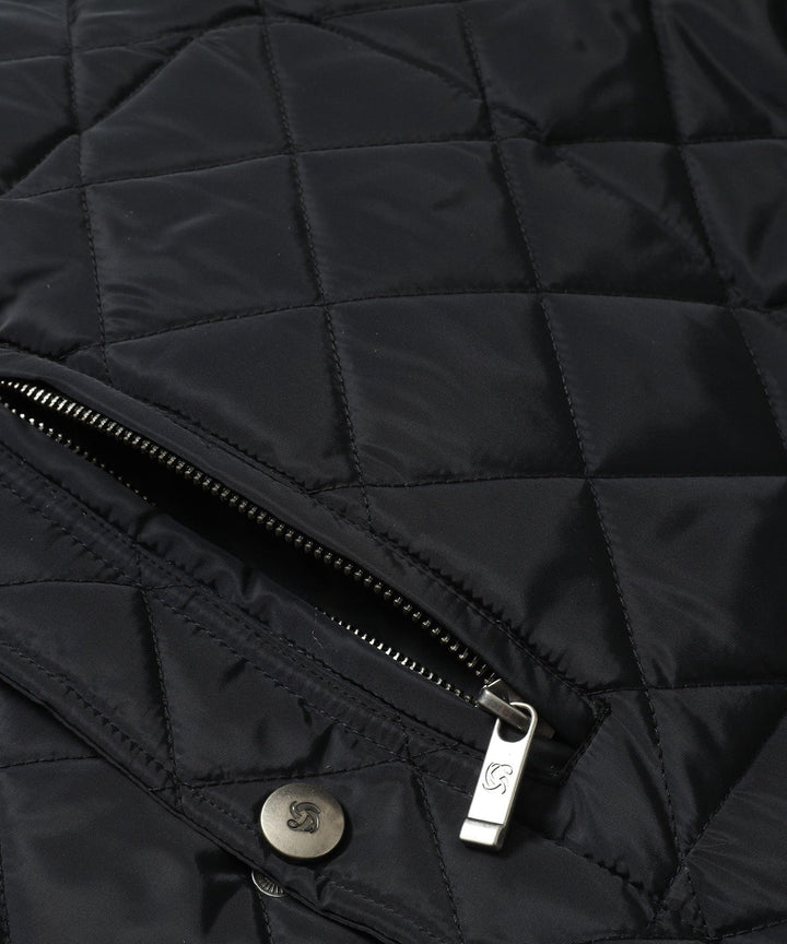 Detail shot of the quilted pattern on a women's vest, emphasizing texture and quality outerwear.