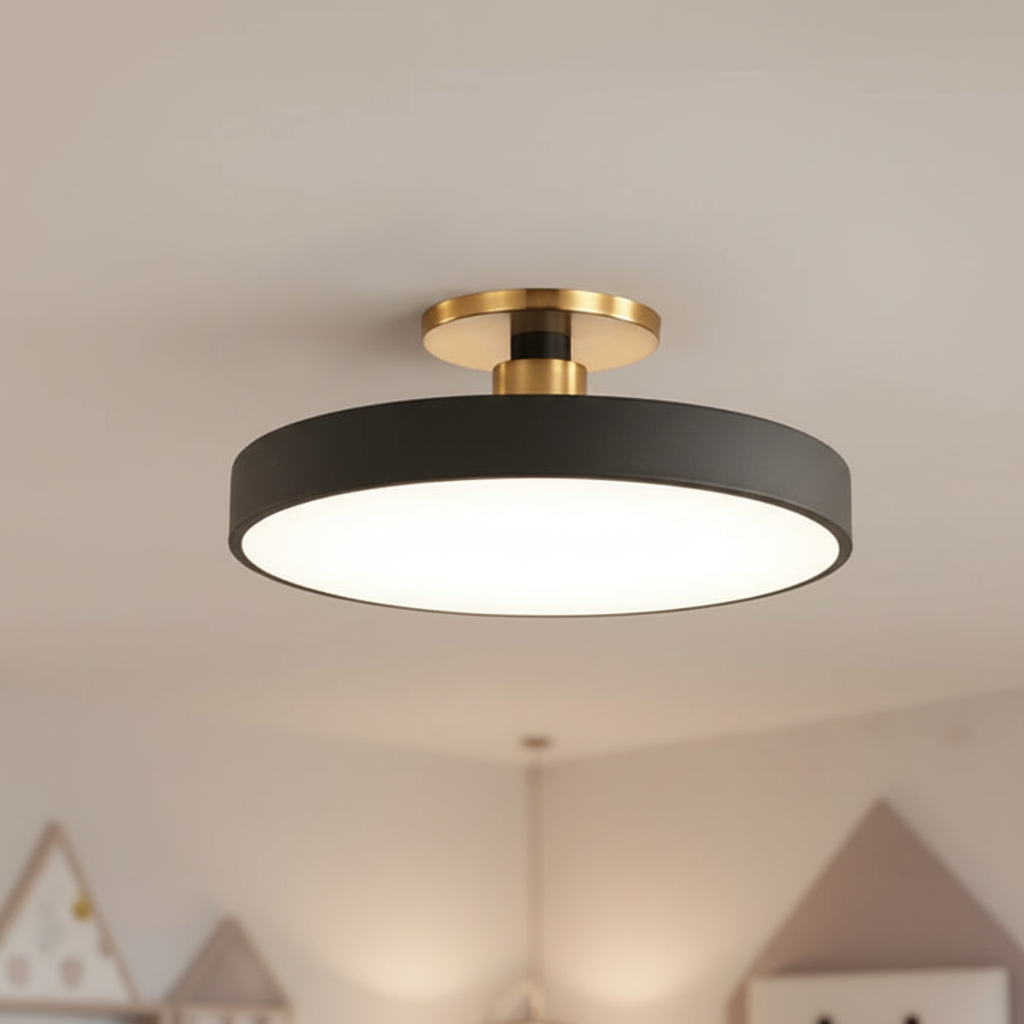 Modern semi-recessed LED ceiling light, Scandinavian design for soft ambiance in bedrooms & kids' rooms.