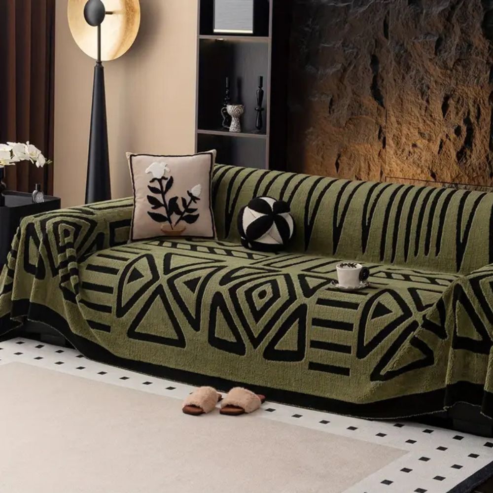 Pet-friendly, non-slip modern sofa cover in a chic urban maze jacquard pattern. Ideal living room home decor.