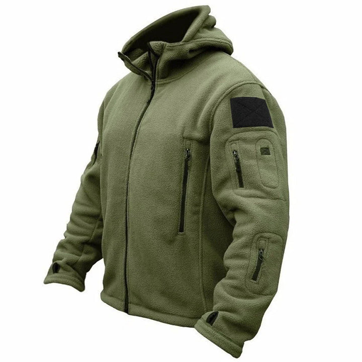 Back view of a grey men's hooded tactical jacket, designed for outdoor adventure with functional outerwear features.