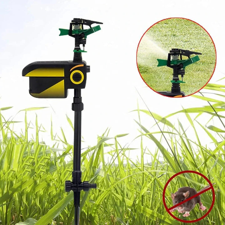 "Motion-activated animal repellent garden sprinkler in action, spraying water; eco-friendly tool for pest control and irrigat