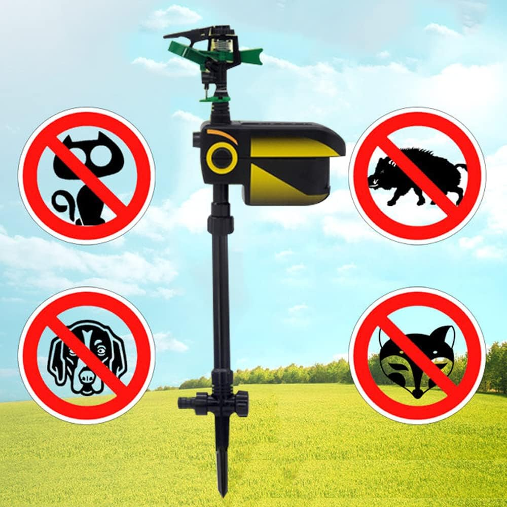 "Motion-activated animal repellent garden sprinkler in action, spraying water; eco-friendly tool for pest control and irrigat