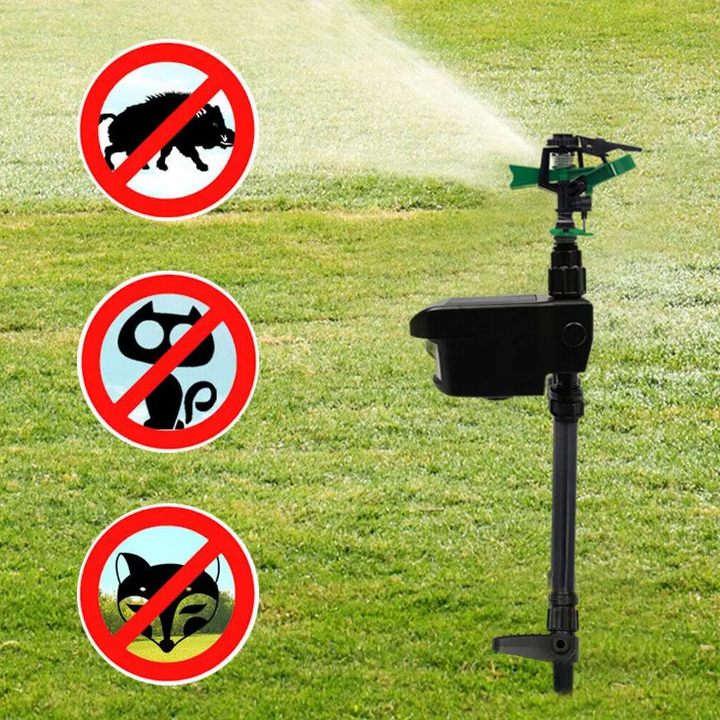 "Motion-activated animal repellent garden sprinkler in action, spraying water; eco-friendly tool for pest control and irrigat