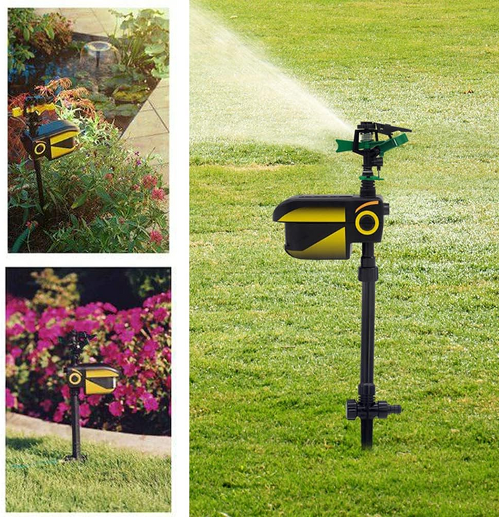 "Motion-activated animal repellent garden sprinkler in action, spraying water; eco-friendly tool for pest control and irrigat