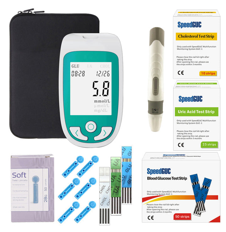 Compact home health monitor for easy glucose, cholesterol, & uric acid testing. Personal diagnostic tool.