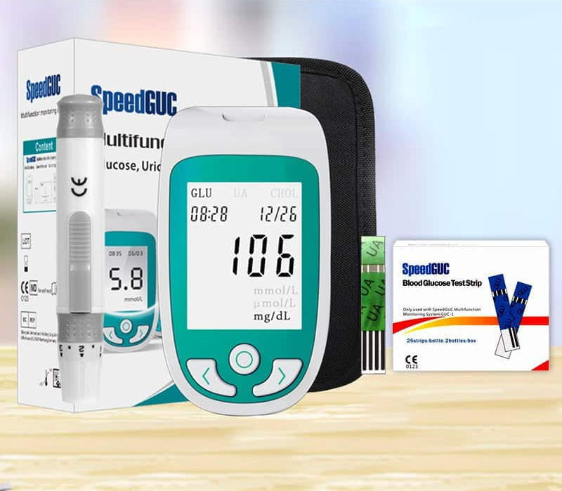 Sleek, portable multi-function health monitor. Tests glucose, cholesterol, & uric acid for on-the-go wellness.
