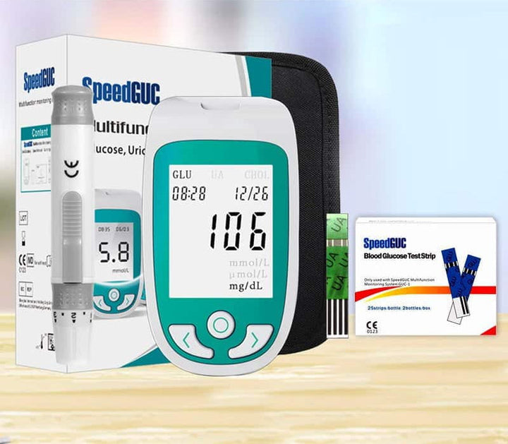 Sleek, portable multi-function health monitor. Tests glucose, cholesterol, & uric acid for on-the-go wellness.
