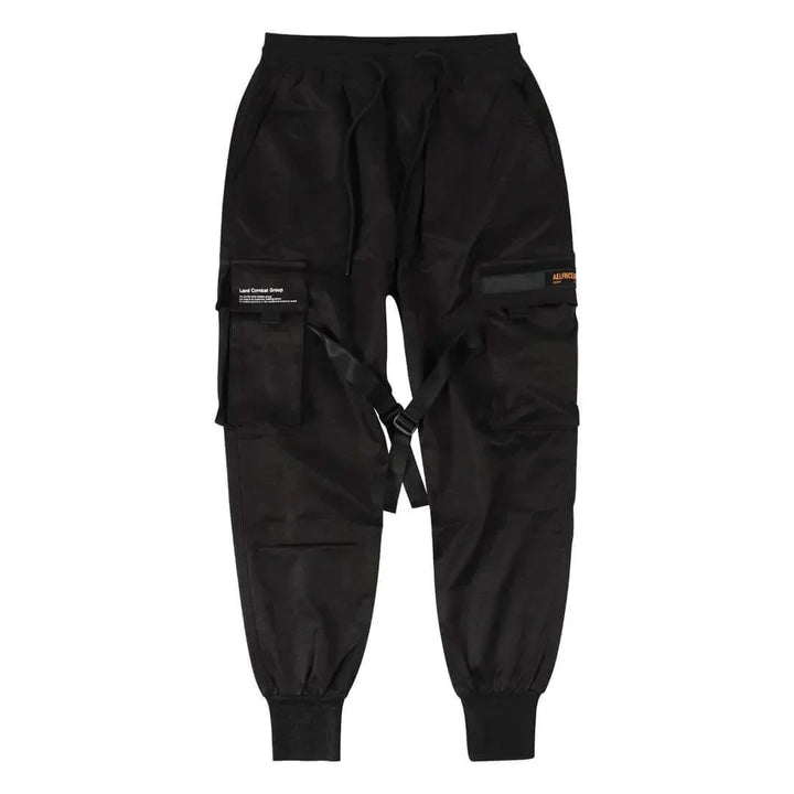 Men's multi-pocket cargo pants in black, perfect for urban streetwear & hip-hop fashion.