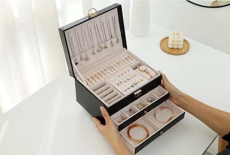 Top view of an elegant 3-tier multi-layer jewelry organizer, a premium keepsake box.