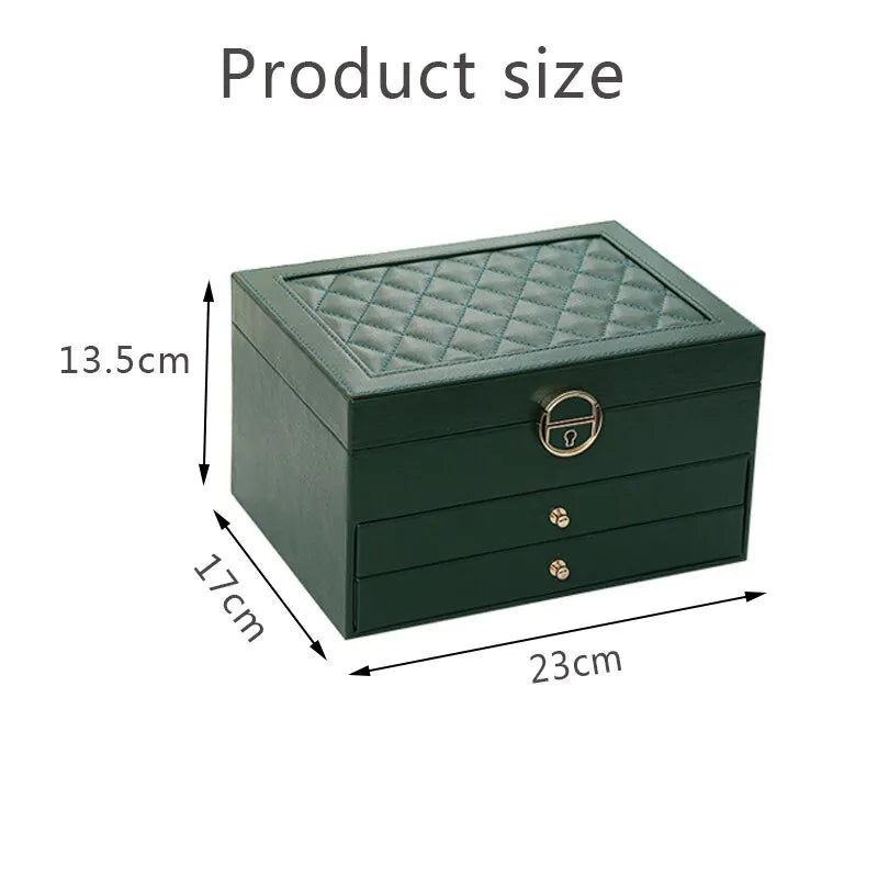 Securely closed 3-tier leather jewelry organizer, protecting women's accessories in an elegant storage box.